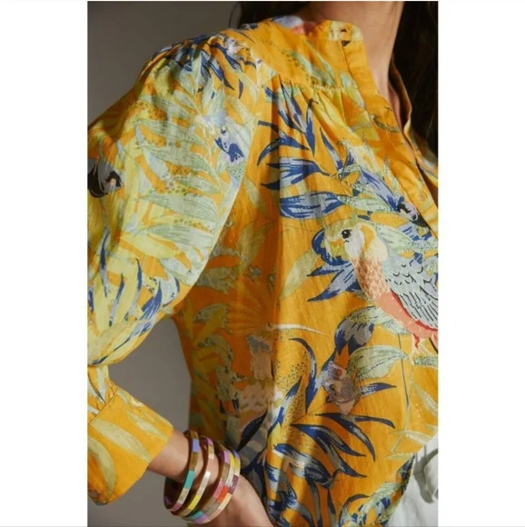 Anthropologie Maeve Yellow Tropical Cotton Lightweight Beach Vacation Buttonup - Picture 6 of 12